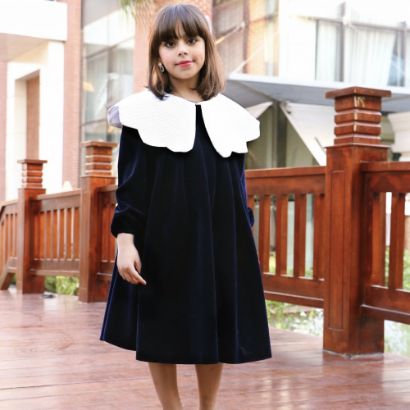 صورة فستان بناتي مخمل كحلي بياقة منقوشة | أناقة شتوية راقية - 1115